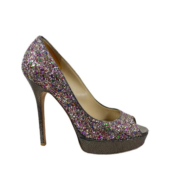 Jimmy Choo Rainbow Glitter Peep Toe Platform Pumps Size 37 - Picture 1 of 13